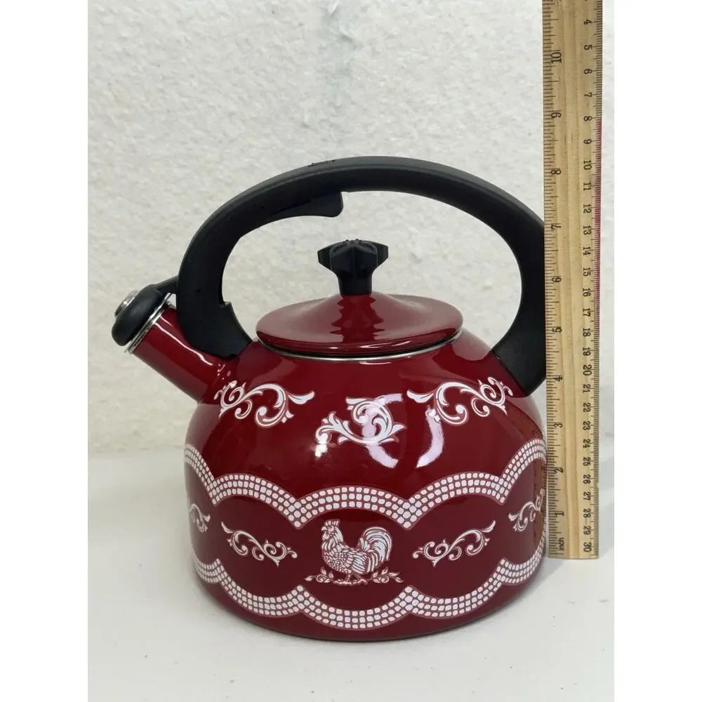 Temptations Tara Doodle Doo Red Enamel Steel Tea Kettle 2.3qt Country Farmhouse